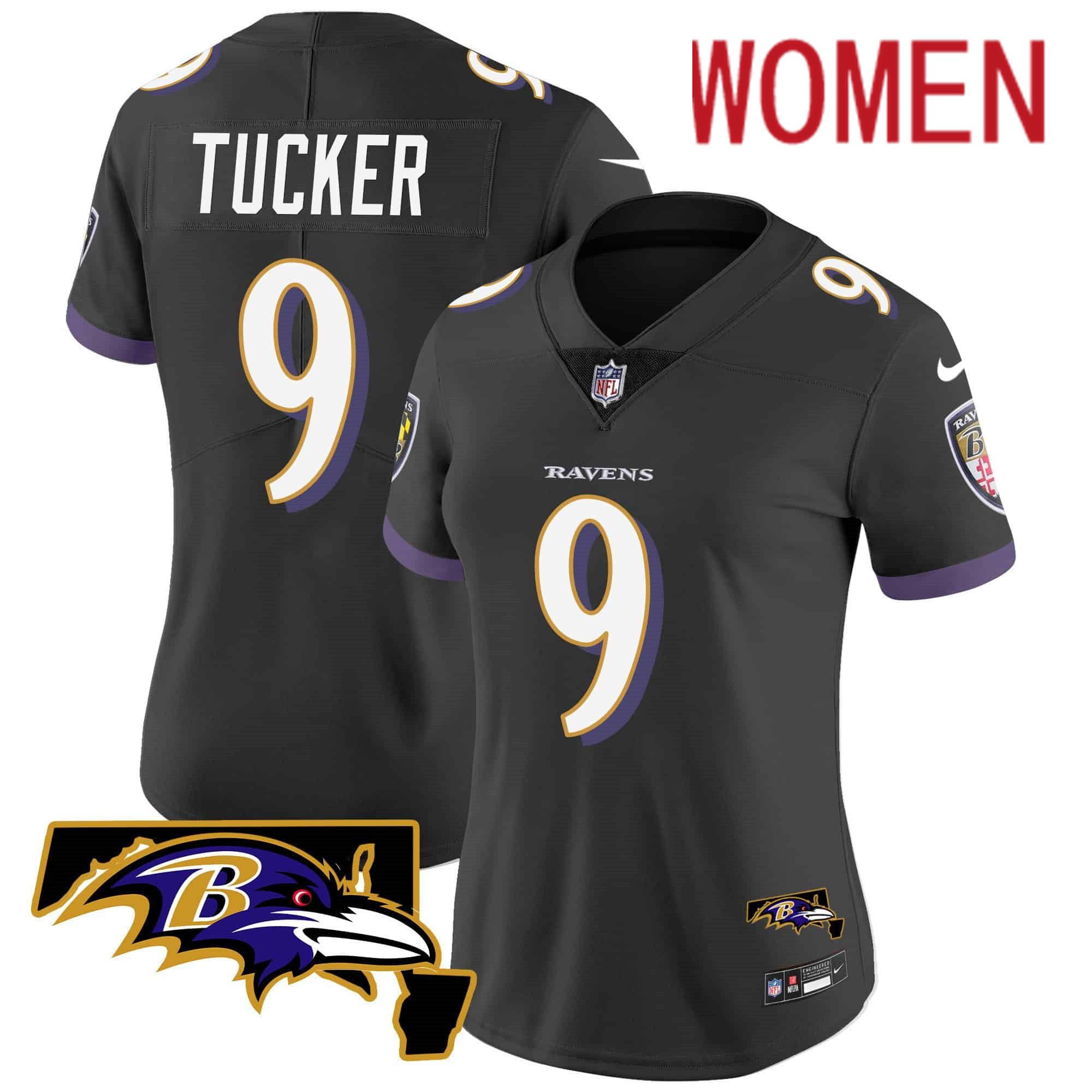 Women Baltimore Ravens 9 Tucker Black 2024 Nike Maryland Patch Vapor Limited NFL Jersey style 1
